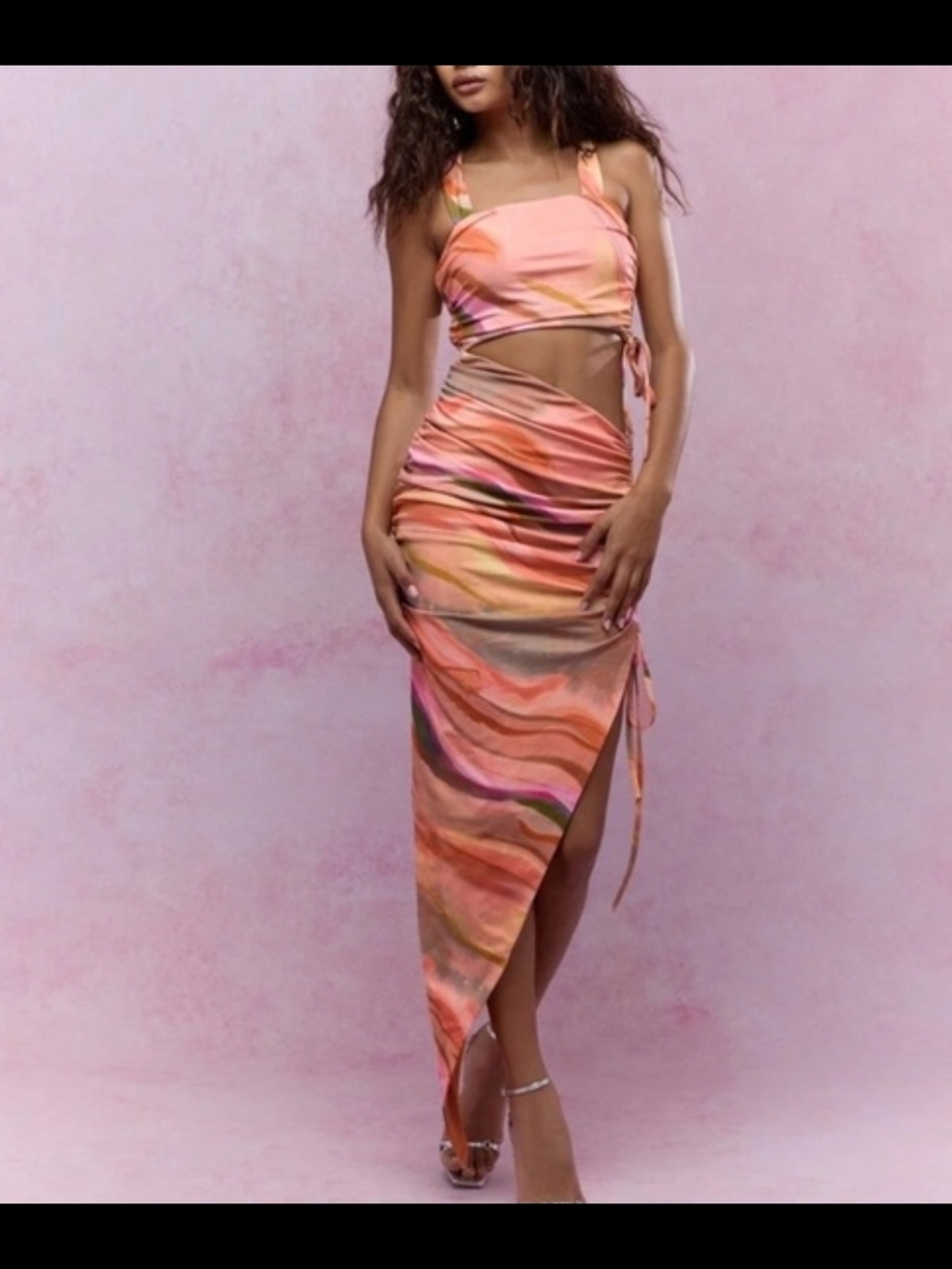 Missguided Pink Orange Swirl Asymmetrical Cut-Out Maxi Dress